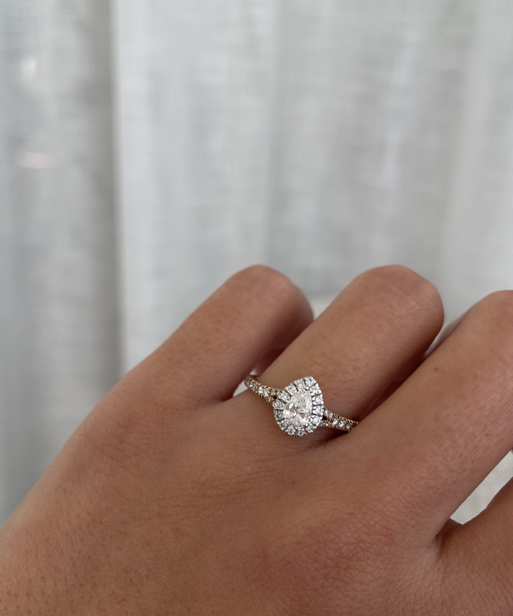 Pear Two Tone Diamond Halo Ring classajewellers
