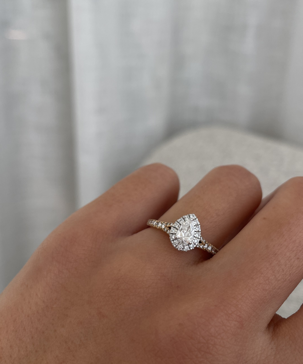 Pear Two Tone Diamond Halo Ring classajewellers