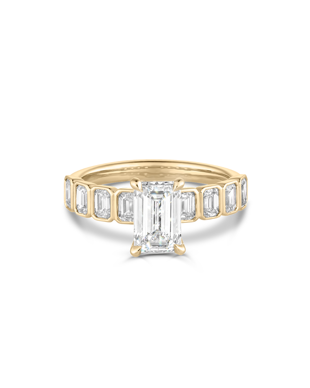 18ct yellow gold emerald cut diamond engagement ring with bezel setting
