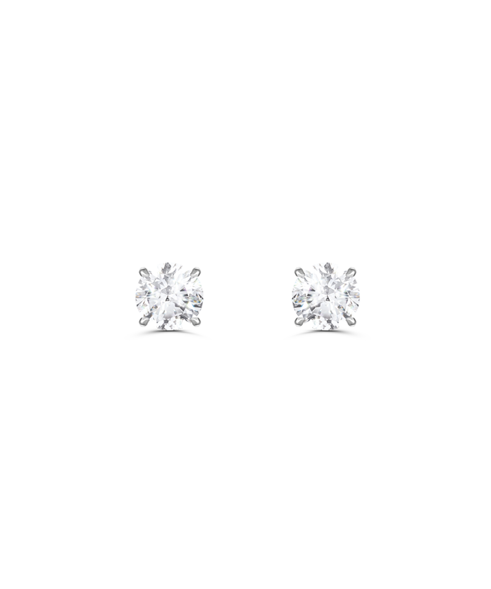 Front view of white gold round diamond solitaire stud earrings