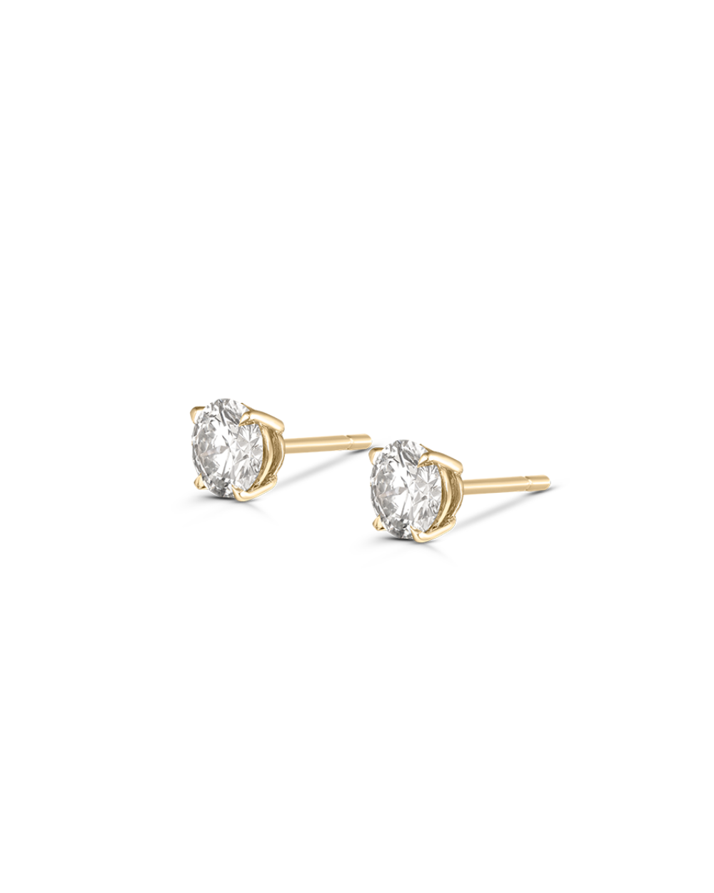 Side profile of yellow gold four-prong round diamond stud earrings