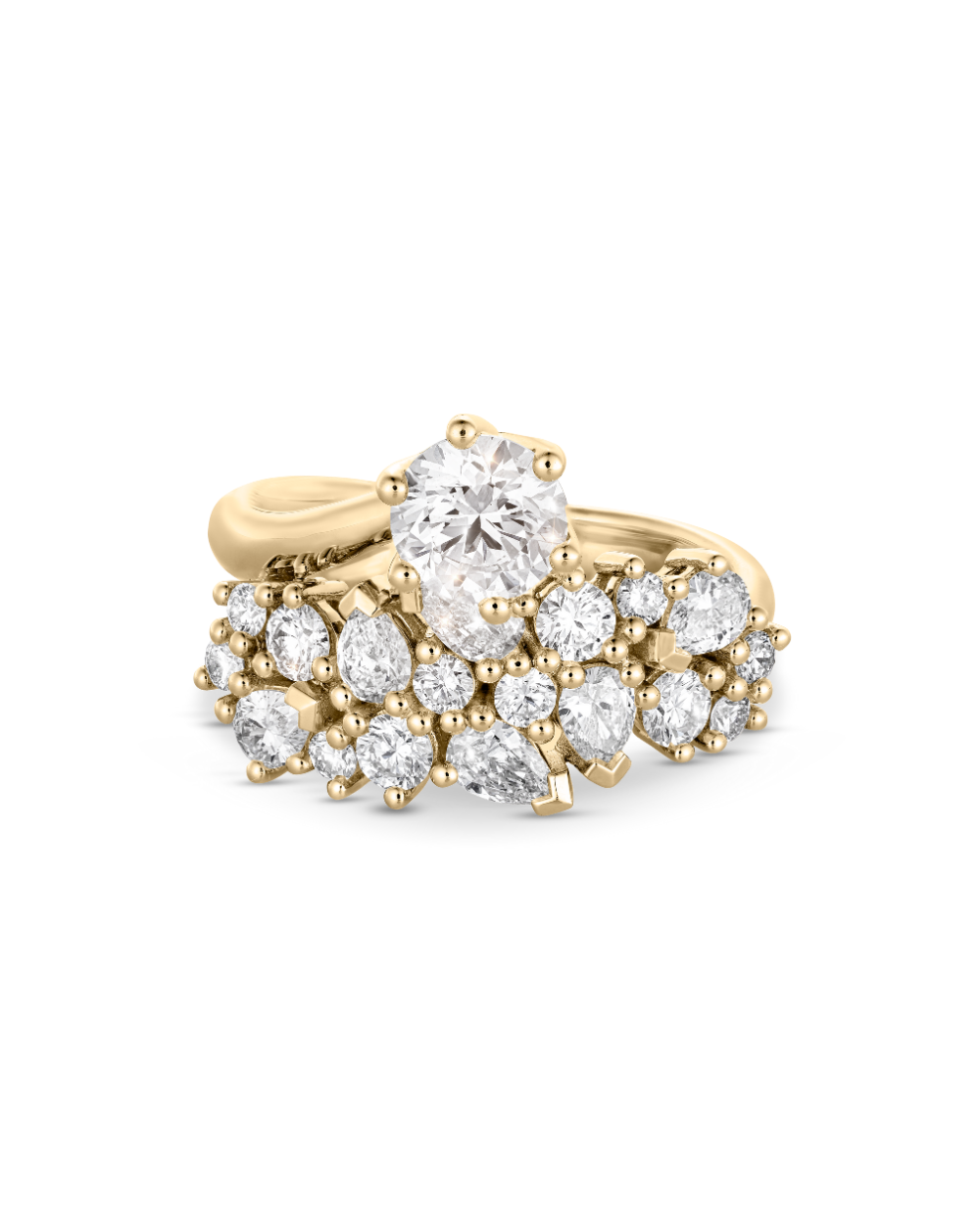Isolated studio shot of 18ct yellow gold Sana Diamond Ring with pear accents