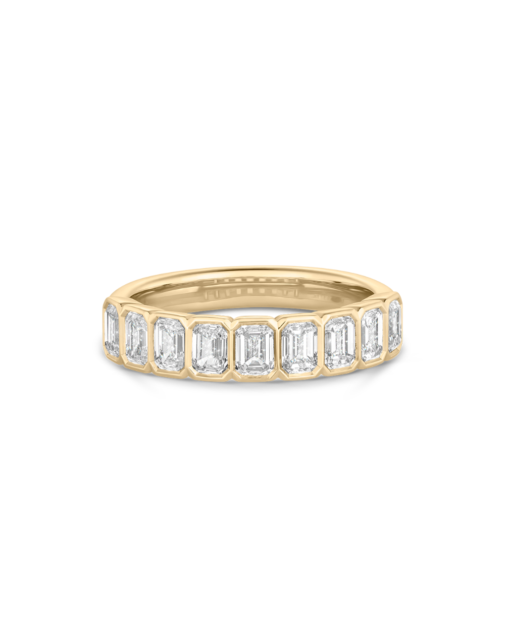 Sia Bezel Emerald Cut Diamond Wedding Band front view of emerald cut diamond eternity band