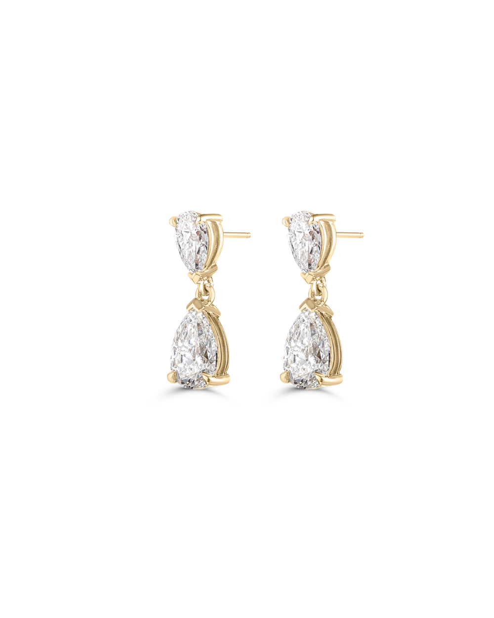Yellow gold two stone pear diamond drop earrings with posts