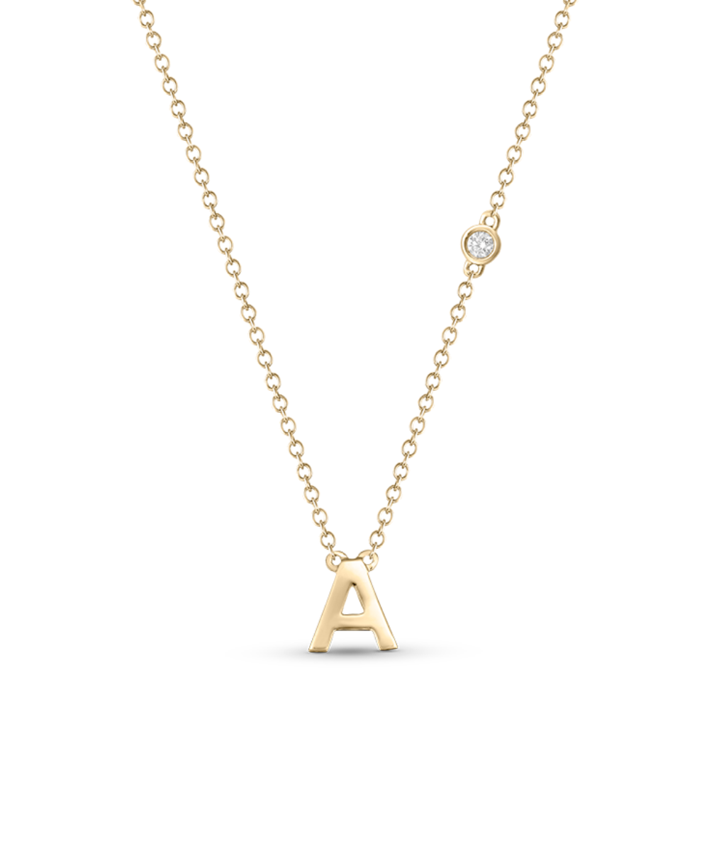 9ct yellow gold initial A pendant necklace with round diamond