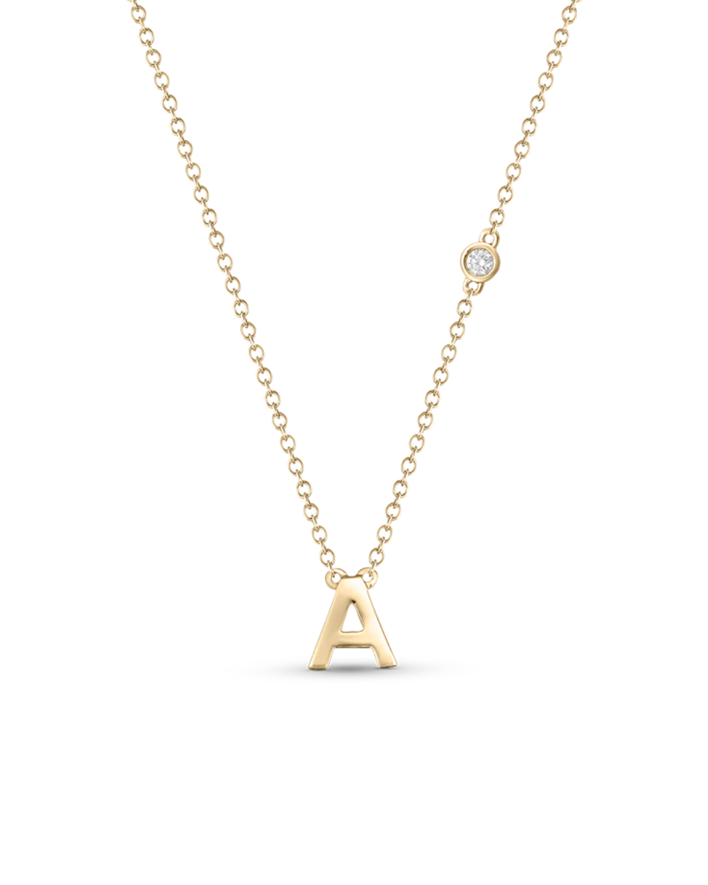 9ct yellow gold initial A pendant necklace with round diamond