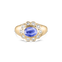Ophelia Pinky Ring in 18ct yellow gold with oval tanzanite and diamond scalloped halo