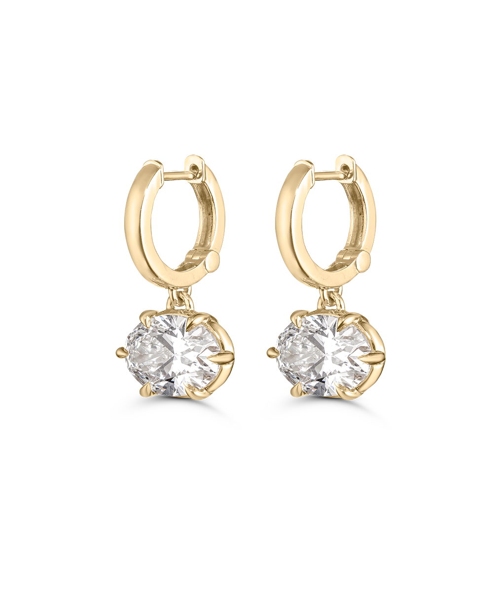18ct gold Victoria oval drop huggie earrings with faceted lab grown diamond stones