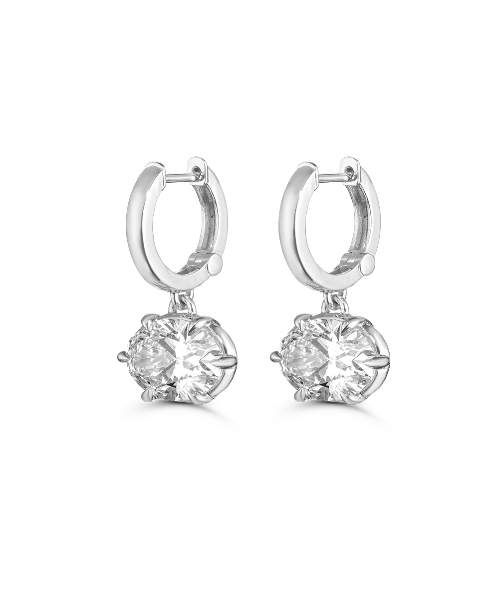 White gold Victoria oval drop huggie earrings featuring suspended lab grown diamonds