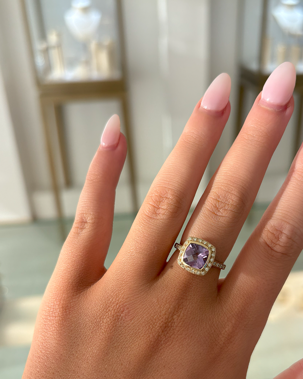 Cushion-Cut Amethyst & Diamond Halo Ring