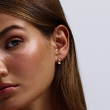 Modern flat-base gold teardrop earring on brown hair model