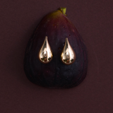 Gold teardrop earrings displayed on dark purple fig fruit
