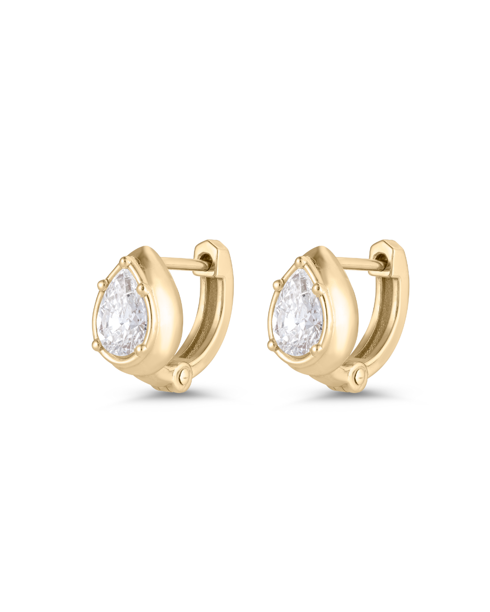 Pair of yellow gold pear diamond huggie earrings with hinge clasp