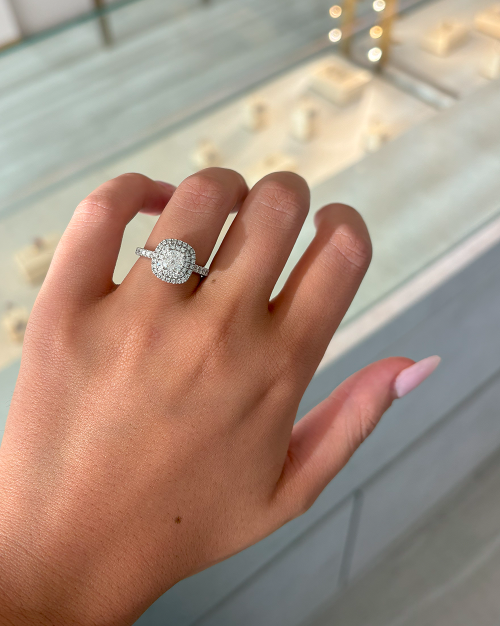 Cushion Cut Diamond Ring with Double Halo