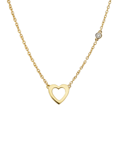 Gold oval link chain necklace with hollow open-heart pendant and diamond