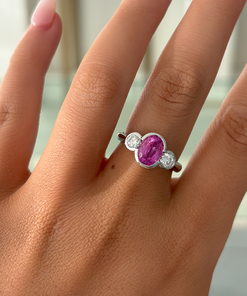 Pink Sapphire and Diamond Trilogy Ring