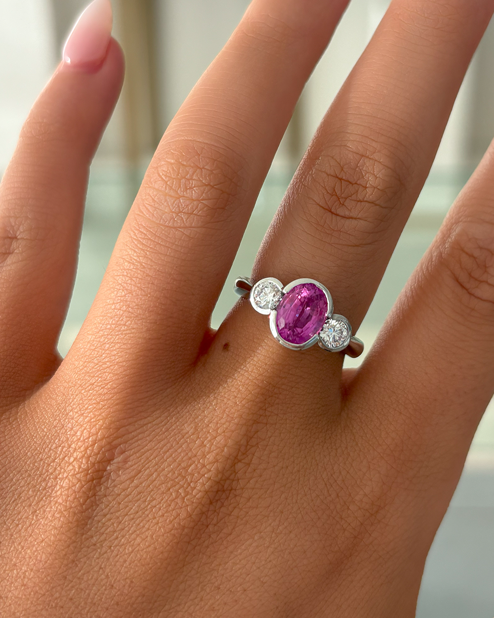 Pink Sapphire and Diamond Trilogy Ring