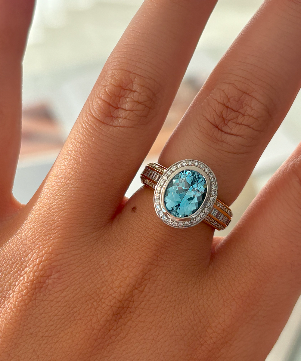 Aquamarine Oval & Diamond Halo Ring