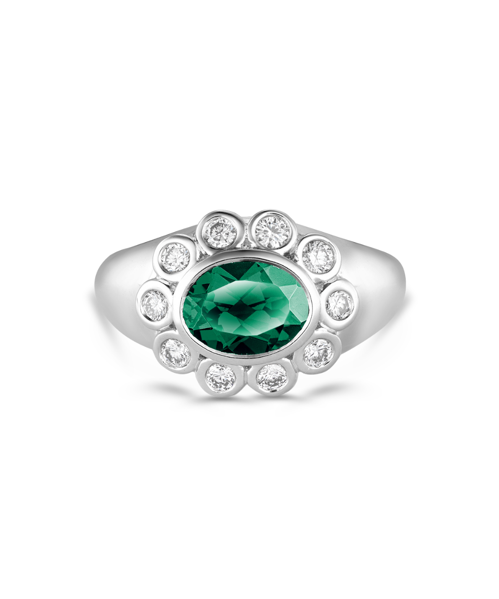 Ophelia Pinky Ring with oval emerald and diamond halo in white gold