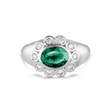 Ophelia Pinky Ring with oval emerald and diamond halo in white gold