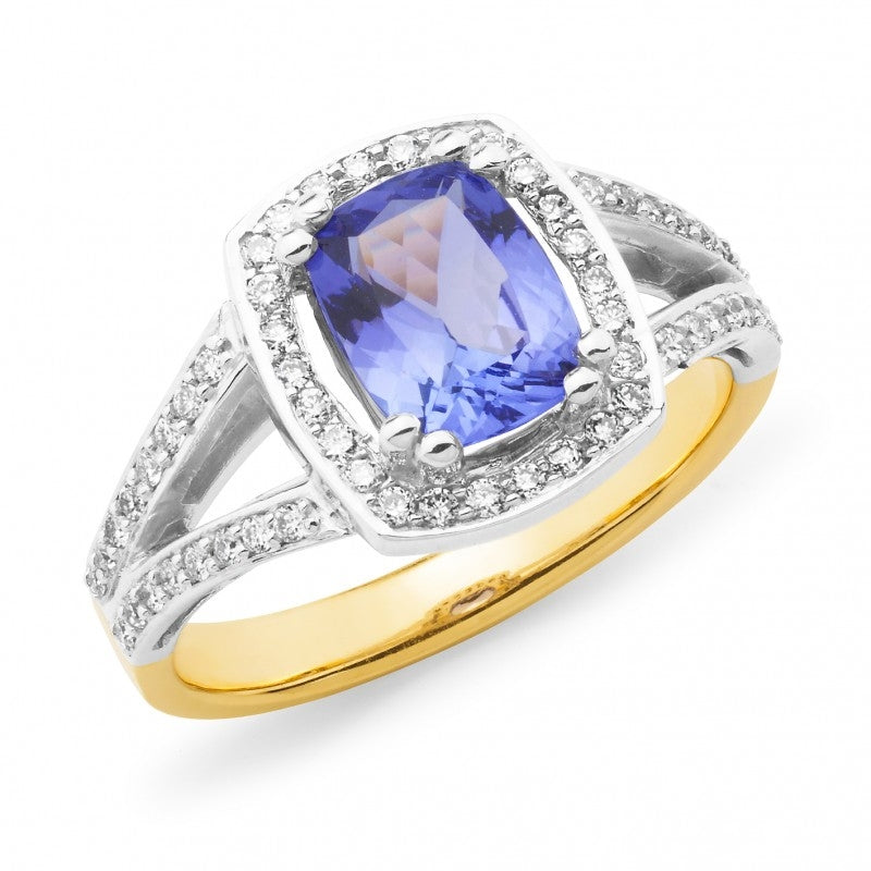 Tanzanite & Diamond Halo Ring with Split Shoulders