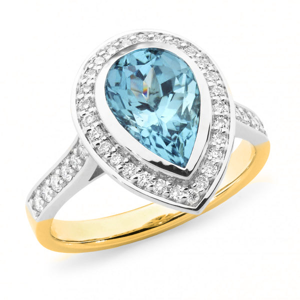 Aquamarine & Diamond Pear Halo Ring